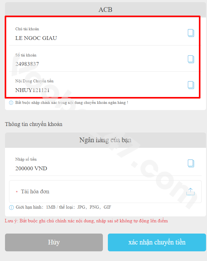 Anh em copy thông tin để chuyển tiền 
