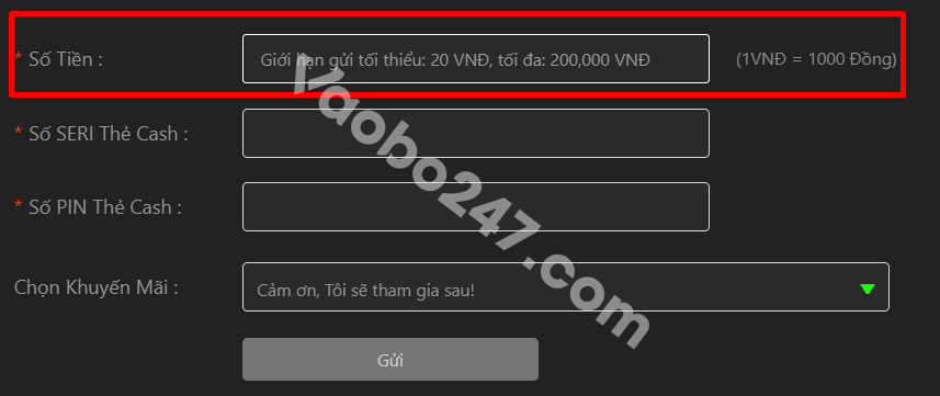 Anh em điền số tiền nạp từ 20.000 đồng đến 200 triệu đồng 