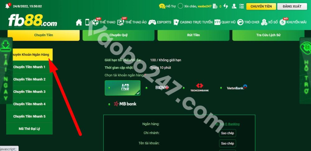 Anh em nhấn vào mục chuyển khoản ngân hàng 