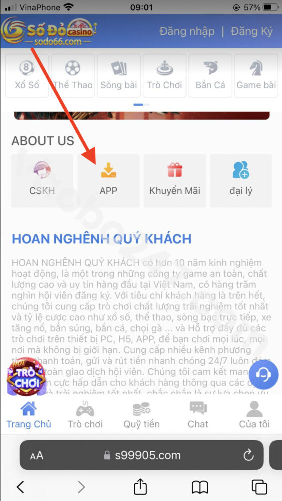 Bấm chọn App để sang giao diện tải app Sodo66