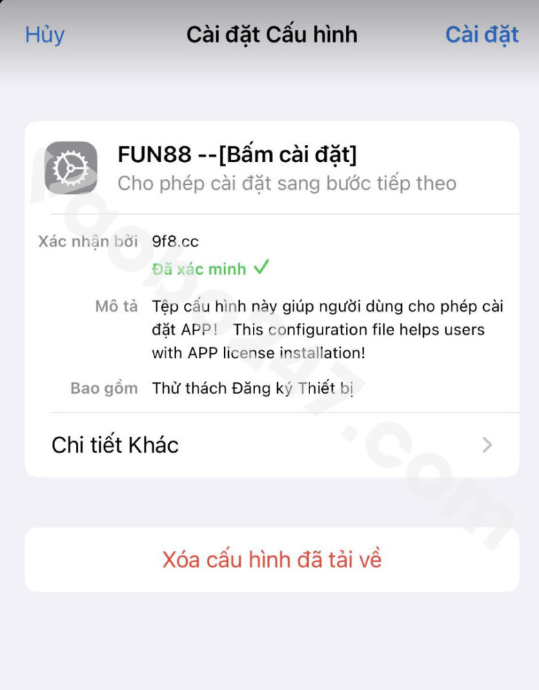 Bấm chọn cài đặt để hệ thống cài đặt app Fun88 