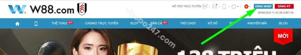 Bấm chọn Đăng nhập tại giao diện website W88 