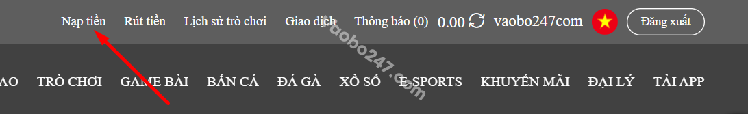 Bấm chọn “Nạp tiền" trên thanh công cụ 