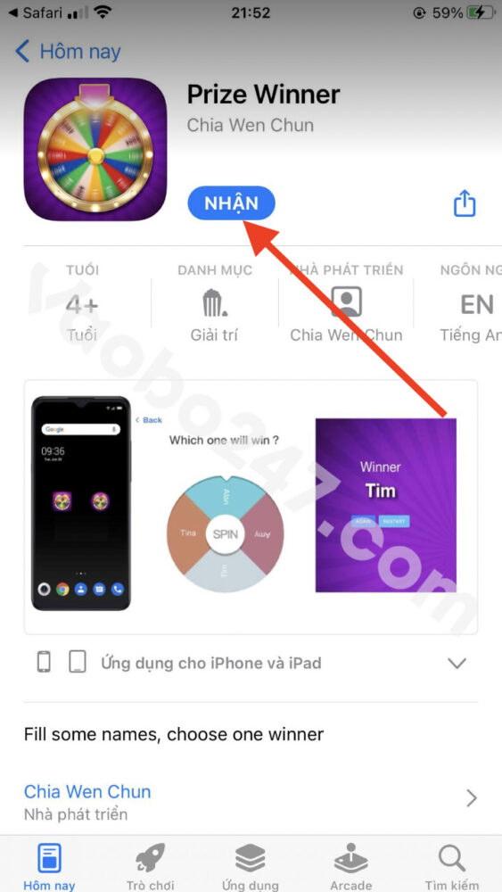 Bấm chọn Nhận để tải app 