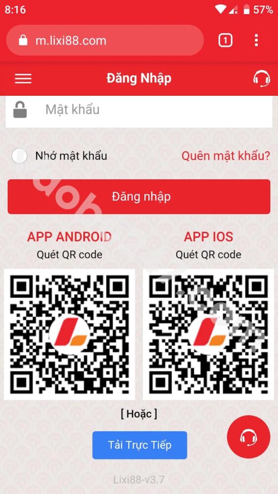 Bấm chọn Tải trực tiếp hoặc quét mã Qr để tải app 