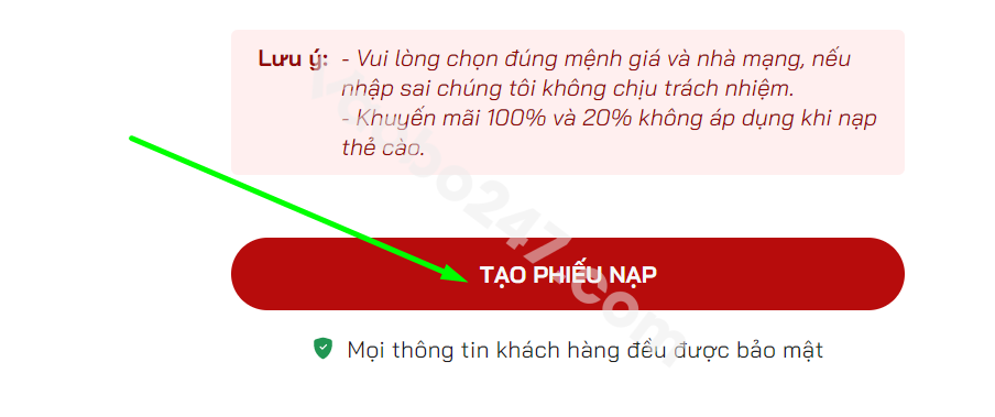 Bấm chọn Tạo phiếu nạp 