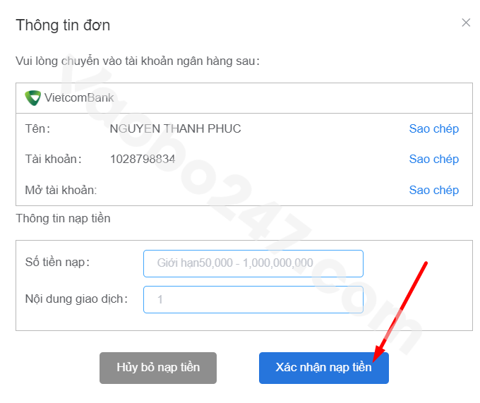 Bấm chọn Xác nhận nạp tiền 