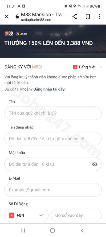 Cập nhật thông tin đầy đủ và chính xác để tạo tài khoản M88