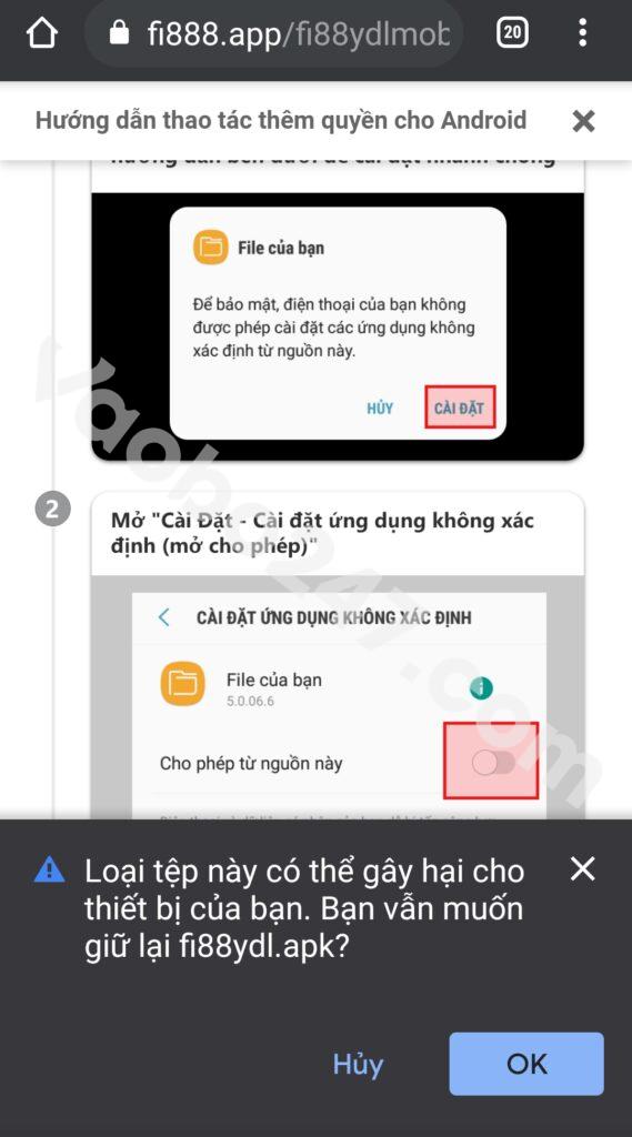 Cấp quyền cho app Fi88 được phép hoạt động trên điện thoại