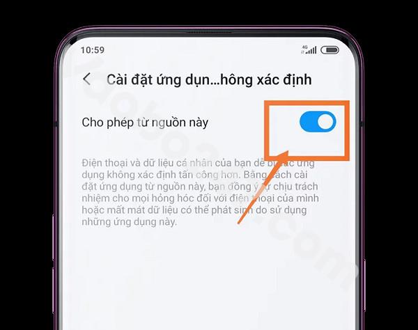 Chọn mở cài đặt ứng dụng tải ứng dụng từ nguồn không xác định