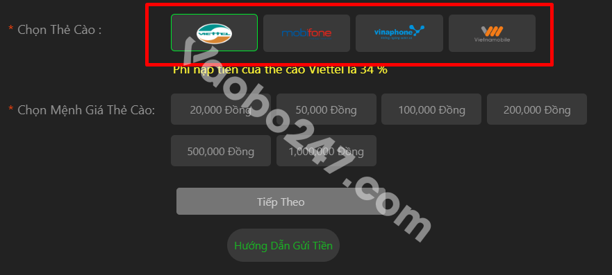 Chọn một trong các nhà mạng được hệ thống hỗ trợ nạp tiền JBO