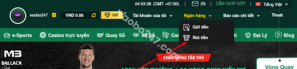 Chọn mục rút tiền để thực hiện lệnh rút tiền V9bet