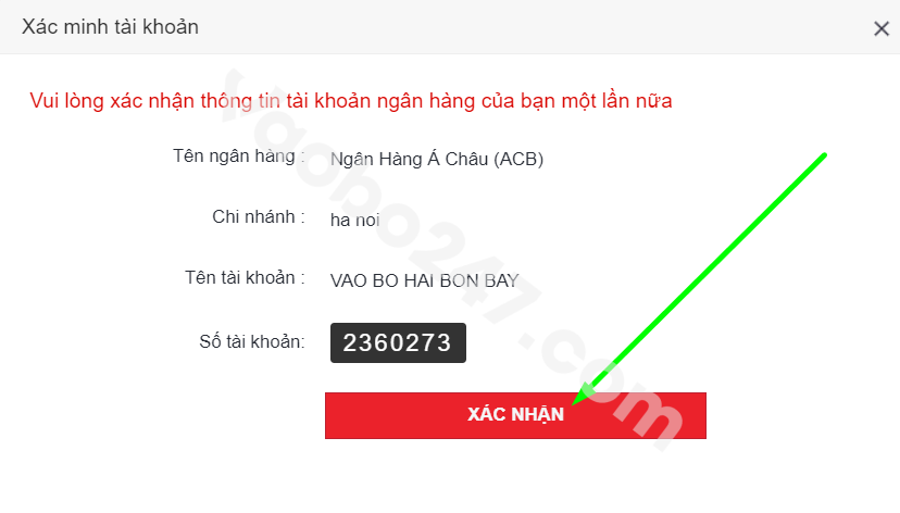 Chọn mục xác nhận thông tin ngân hàng 