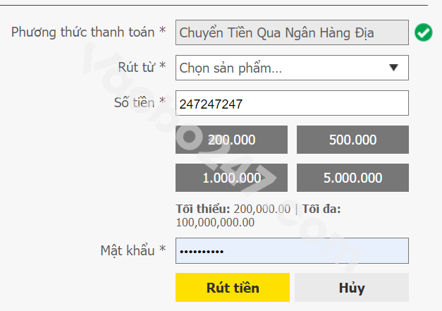 Chọn số tiền bạn cần rút