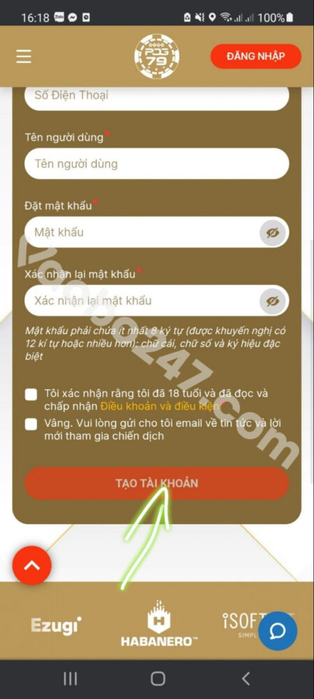 Chọn tạo tài khoản 