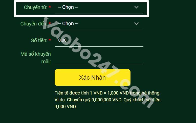 Chọn vị trí chuyển tiền đi