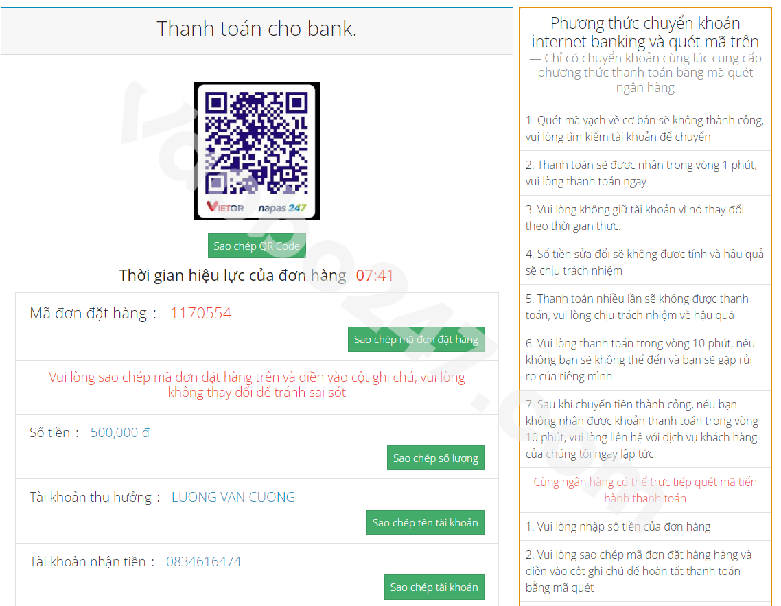 Copy thông tin chuyển tiền hoặc tiến hành quét mã QR code 