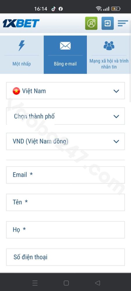 Đăng ký 1xbet qua email