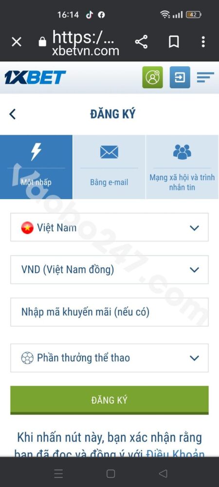 Đăng ký chỉ bằng 1 cú click tại 1xbet