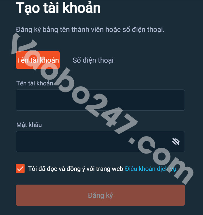 Đăng ký Letou bằng tên tài khoản 