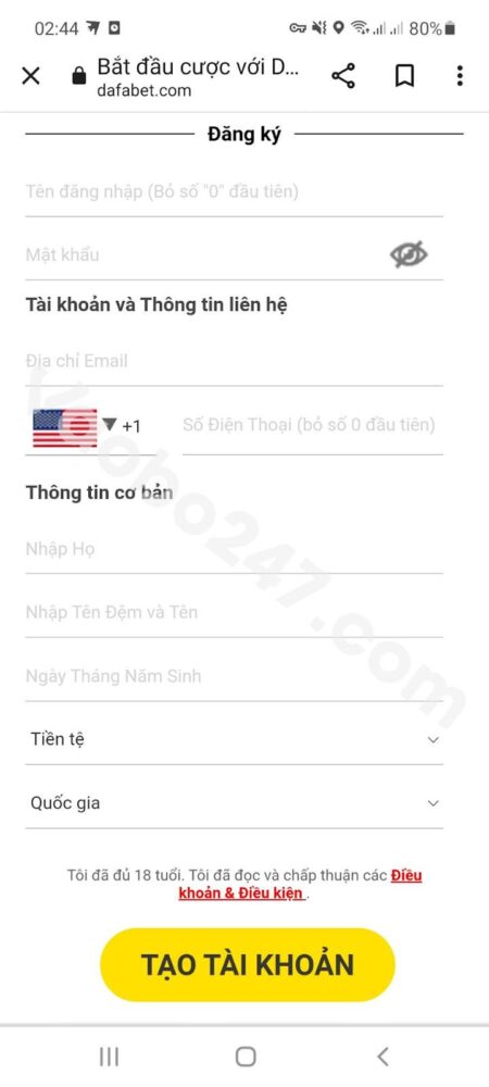 Điền đầy đủ thông tin mà nhà cái Dafabet yêu cầu