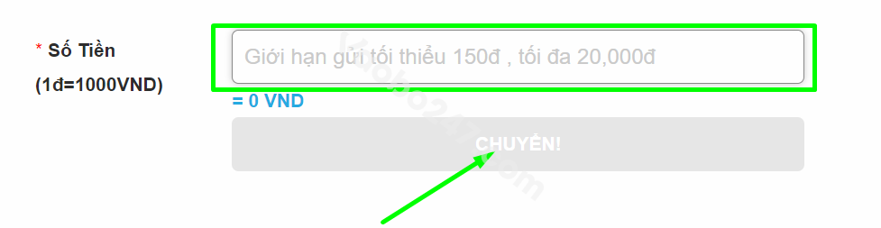 Điền số tiền nạp vào tài khoản