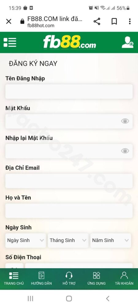 Điền thông tin đăng ký FB88