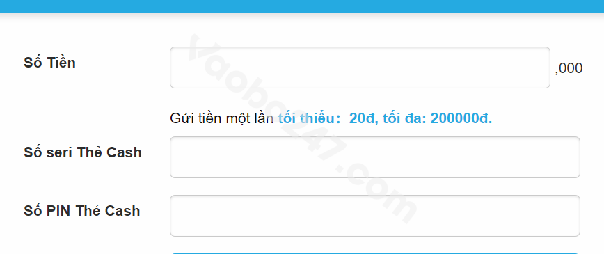 Điền thông tin nạp tiền qua thẻ cash