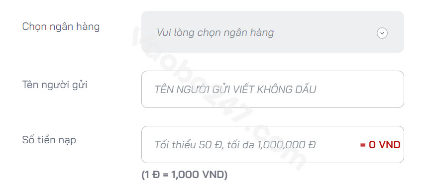 Điền thông tin ngân hàng và số tiền nạp vào form 