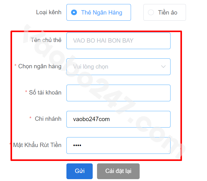 Điền thông tin tài khoản ngân hàng vào form yêu cầu rút tiền 