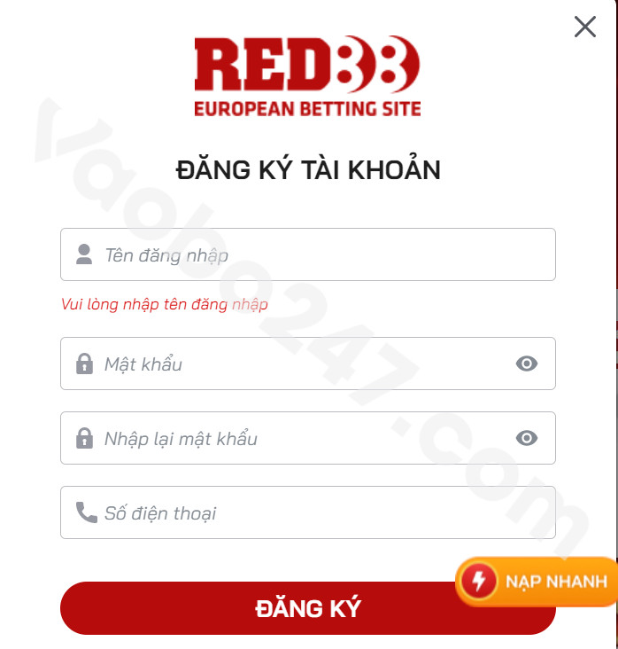 Điền thông tin vào form đăng ký Red88 