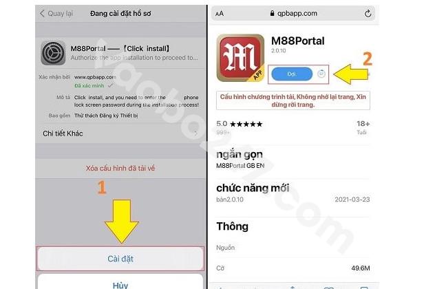 Đợi hệ thống tải app M88 về máy thành công 