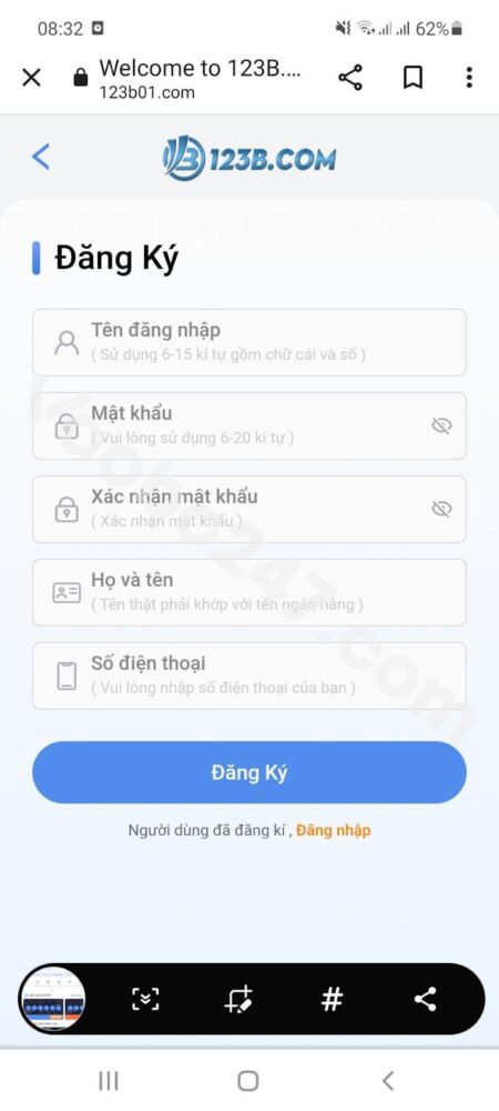 Form điền thông tin đăng ký tài khoản tại 123b 