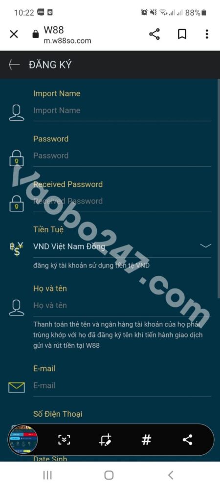 Form điền thông tin đăng ký W88 trên giao diện điện thoại