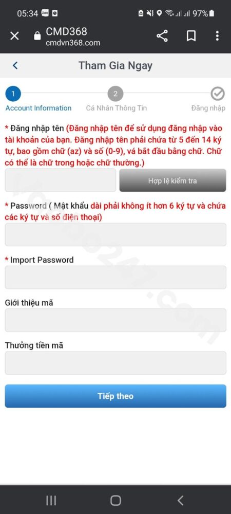 Form điền thông tin tài khoản đăng ký CMD368