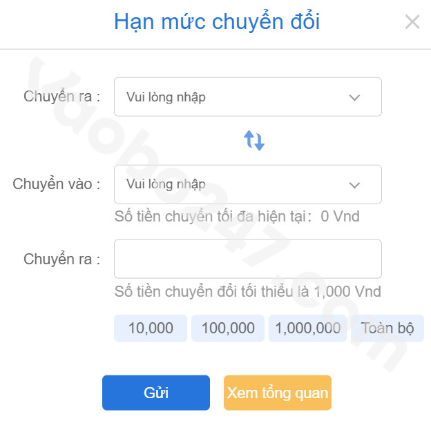 Form nhập thông tin chuyển quỹ