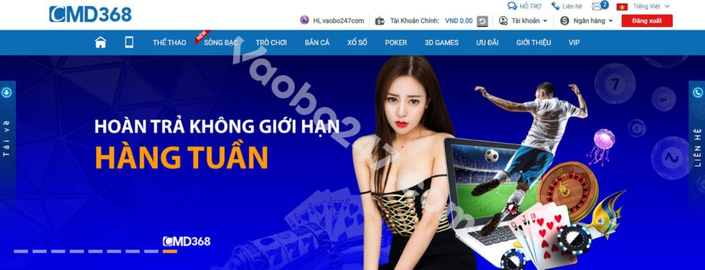 Giao diện trang chủ CMD368 sau khi đăng nhập thành công 