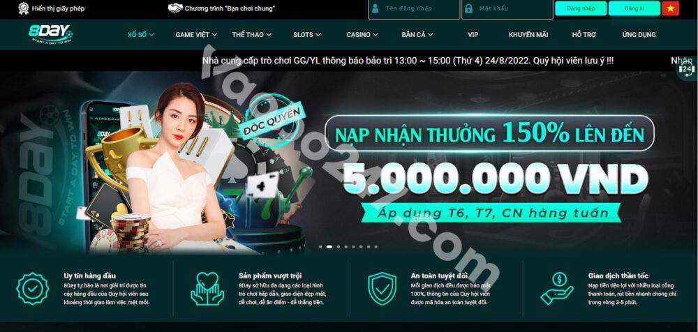 Giao diện trang chủ nhà cái 8day 