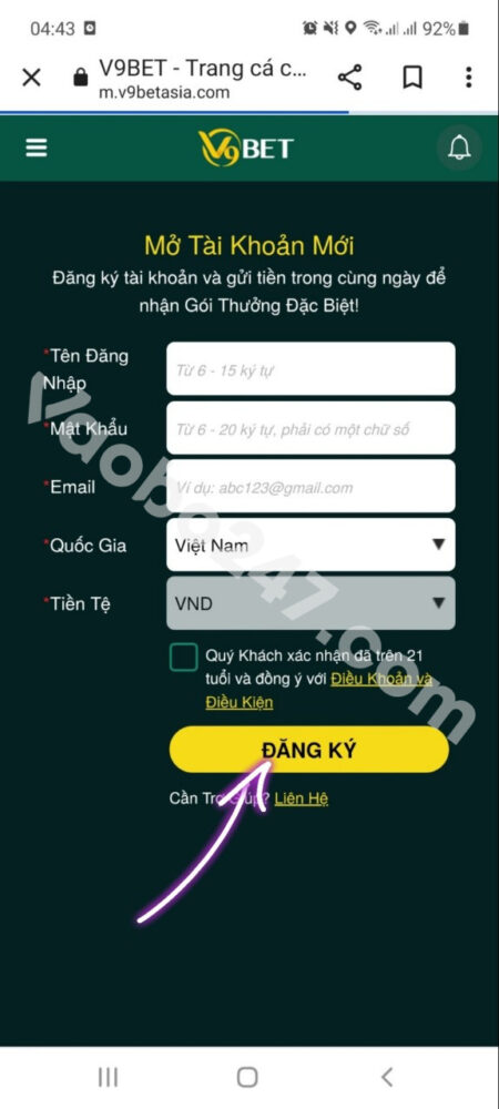 Hoàn tất đăng ký V9bet trên điện thoại