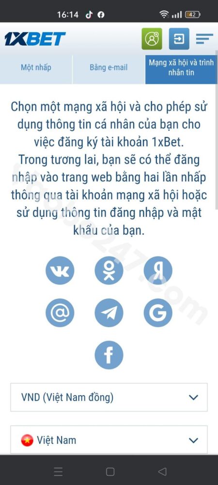 Hướng dẫn đăng ký 1xbet qua mạng xã hội và trình tin nhắn