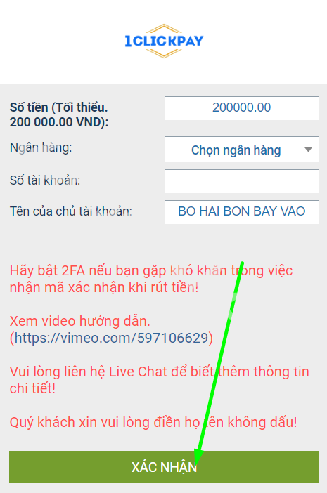 Hướng rất rút tiền qua ngân hàng trực tuyến tại 1xbet