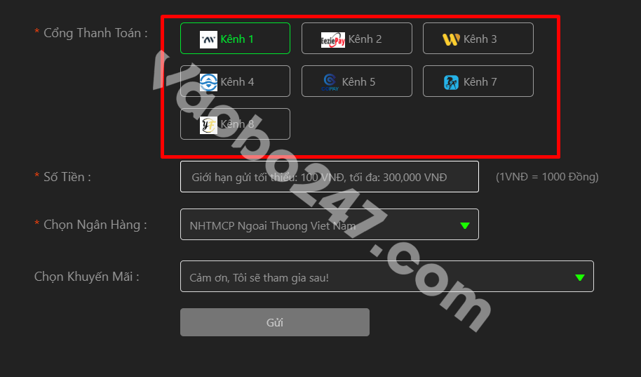 Người chơi lựa chọn cổng thanh toán