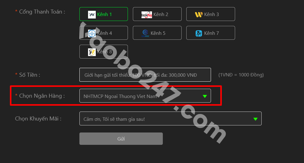 Người chơi lựa chọn ngân hàng để nạp tiền JBO