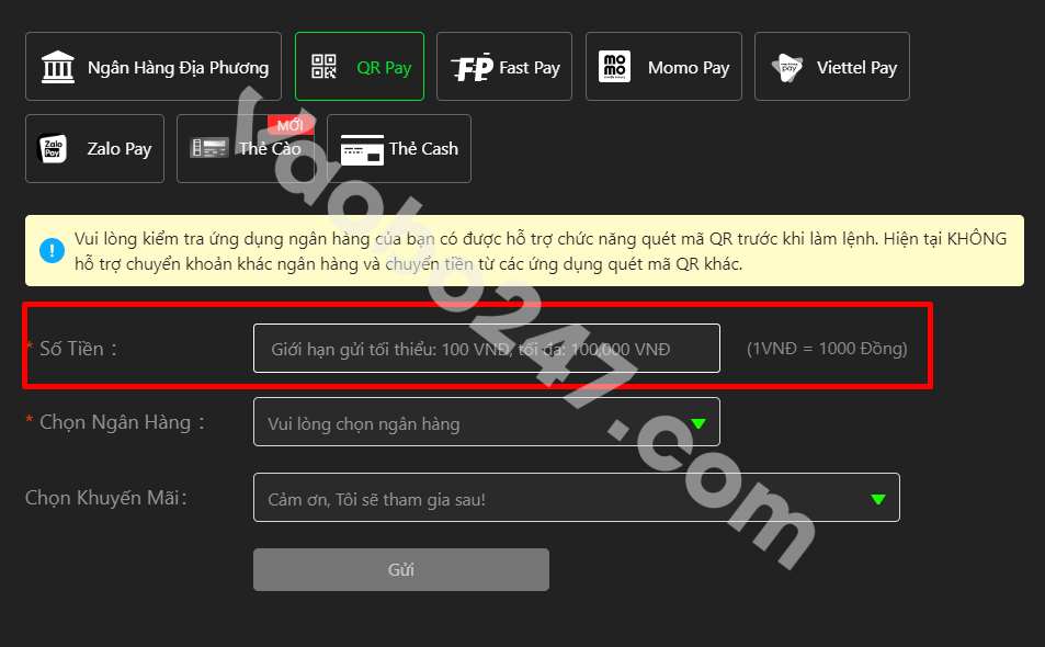 Chọn số tiền nạp từ 100.000 đến 100 triệu 