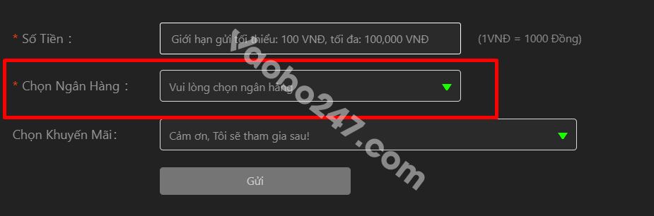 Chọn ngân hàng để nạp tiền 