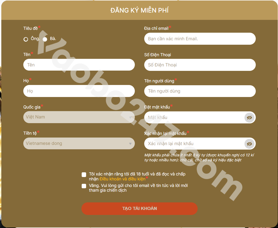 Form điền thông tin đăng ký tài khoản 