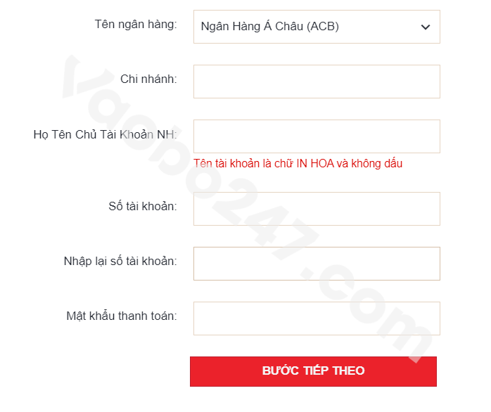 Điền các thông tin ngân hàng 