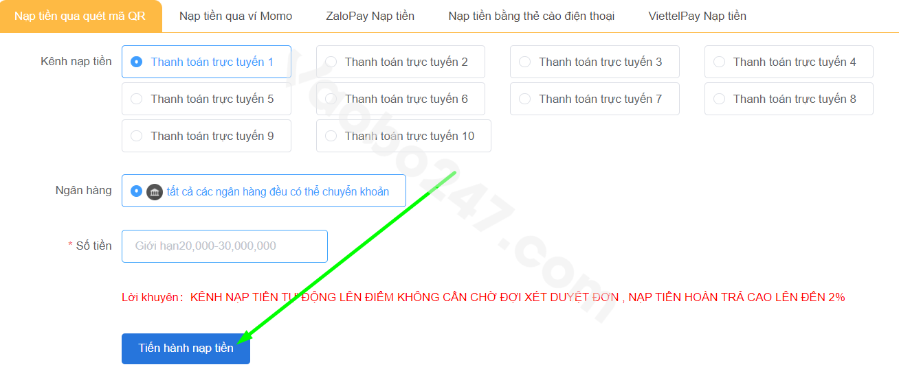 Chọn Tiến hành nạp tiền 