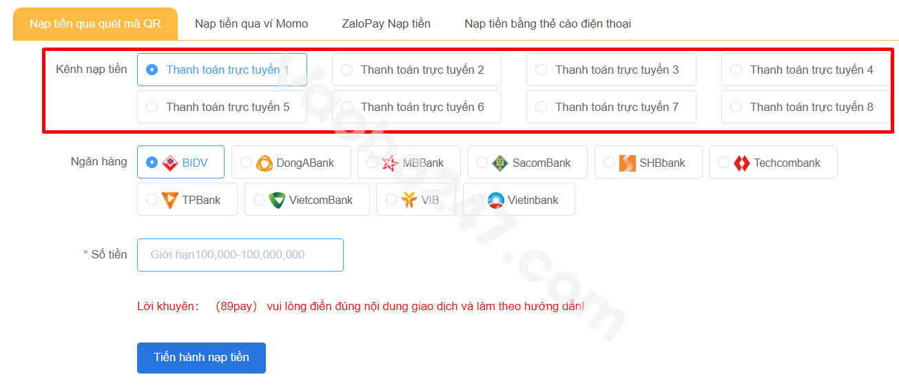 Chọn kênh nạp tiền 
