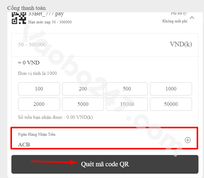 Lựa chọn ngân hàng và nhấn quét mã code Qr